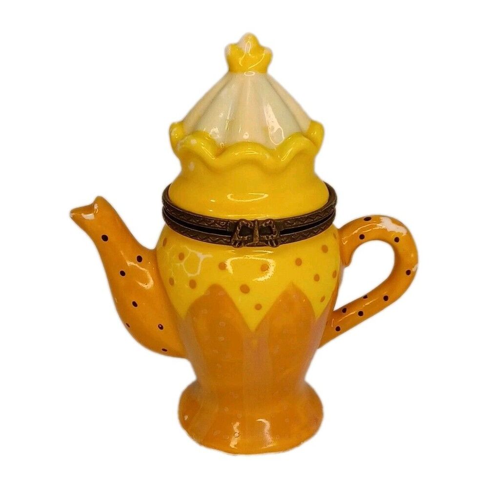 Miniature Tea Pot Trinket Box Hinged Lid Pill Case Hand Painted Metal Enameled